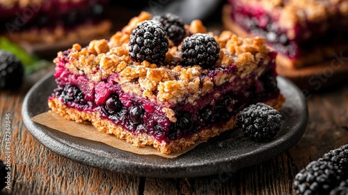 A delectable dessert featuring fresh berries on top of blackberry crumble bars served on a white plate for enjoyment