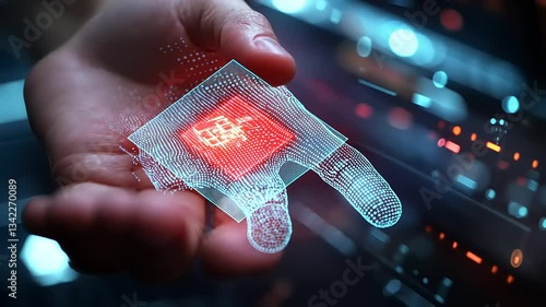 Futuristic hand holding a glowing holographic chip against a blurred, high-tech cityscape backdrop