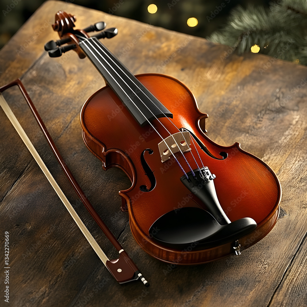 Fototapeta premium Elegantly Crafted Violin Resting on Wooden Table Evokes Nostalgia and Musical Mastery