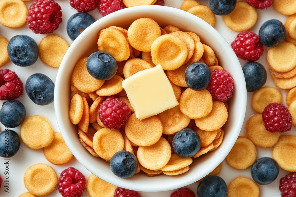 Mini Pancake Cereal Delight: Tiny Fluffy Pancakes with Butter and Berries in White Bowl - A Breakfast Experience from Above Mini Pancake Cereal Delight: Tiny Fluffy Pancakes with Butter and Berries in White Bowl - A Breakfast Experience from Above