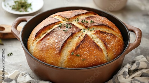Rustic crusty bread baking in a dutch oven with perfectly browned crust and soft interior surrounded by copy space