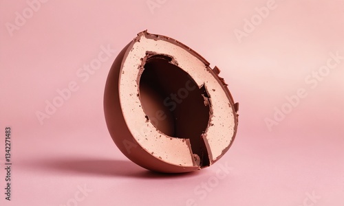 Chocolate egg with a broken shell showcasing creamy filling against a pale pink background