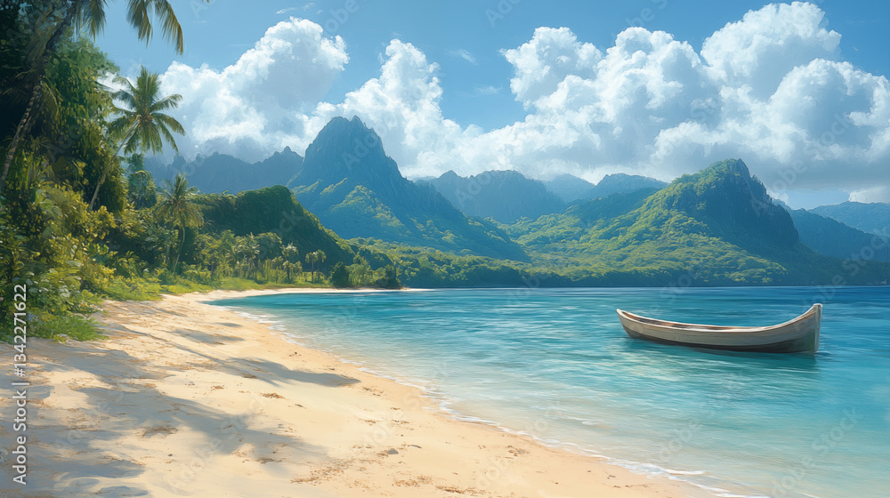 Fototapeta premium Tropical beach paradise with white wooden boat floating on turquoise water. Mountain landscape with palm trees and sandy shore, dream vacation destination