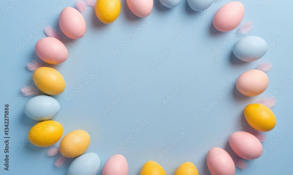 Colorful Easter eggs arranged in a circle on a light blue background for seasonal decoration Colorful Easter eggs arranged in a circle on a light blue background for seasonal decoration