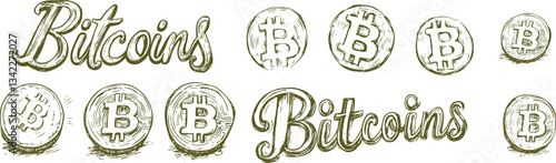 set of grunge rubber stamps sketch of bitcoin concept
