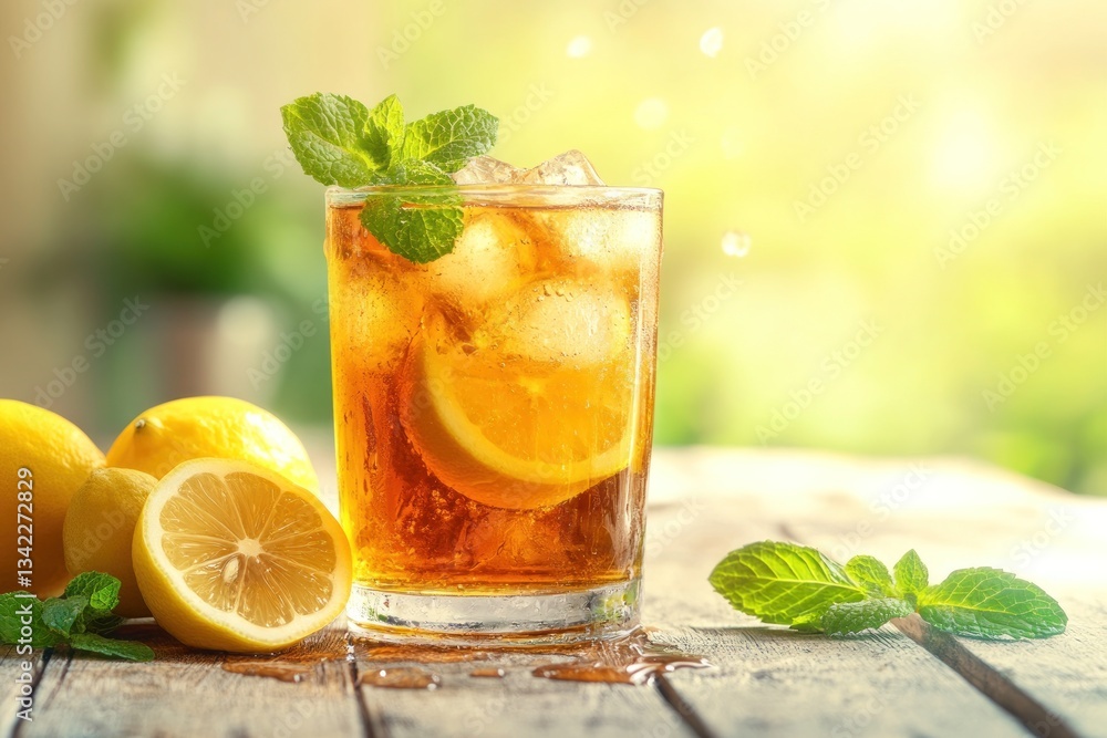 Fototapeta premium Refreshing Iced Tea with Lemon and Mint on a Wooden Table