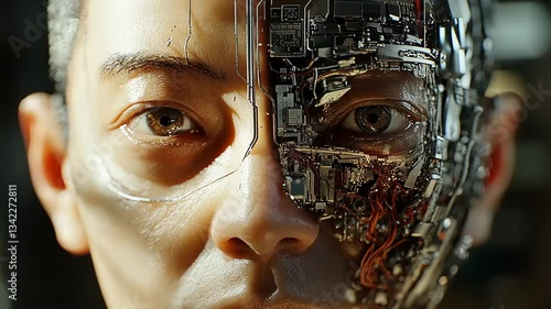 Futuristic humanoid robot with a partially exposed mechanical face, showcasing advanced technology and emotion