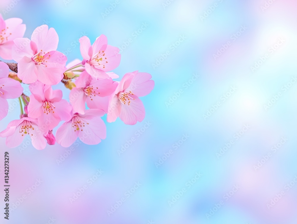 Delicate Cherry Blossom Branch in Full Bloom Against a Soft Pastel Sky Delicate Cherry Blossom Branch in Full Bloom Against a Soft Pastel Sky