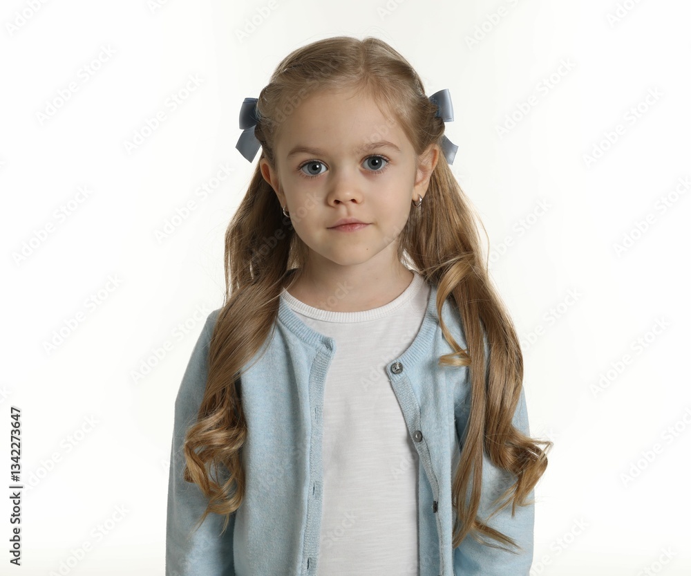 Cute little girl with beautiful hair accessory on white background Cute little girl with beautiful hair accessory on white background