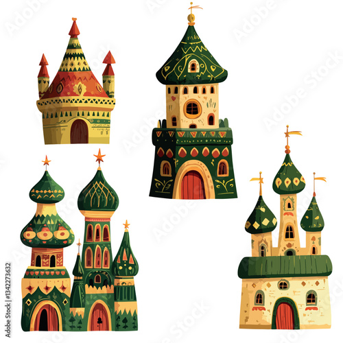 set of traced vector of drawn folklore castles