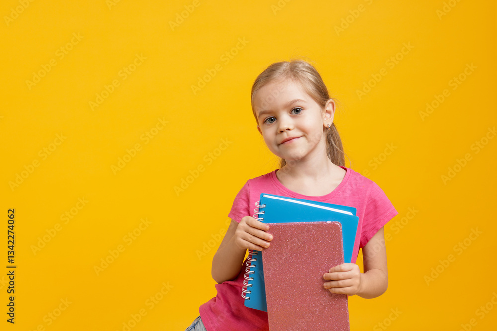 Cute little schoolgirl with books on orange background. Space for text Cute little schoolgirl with books on orange background. Space for text
