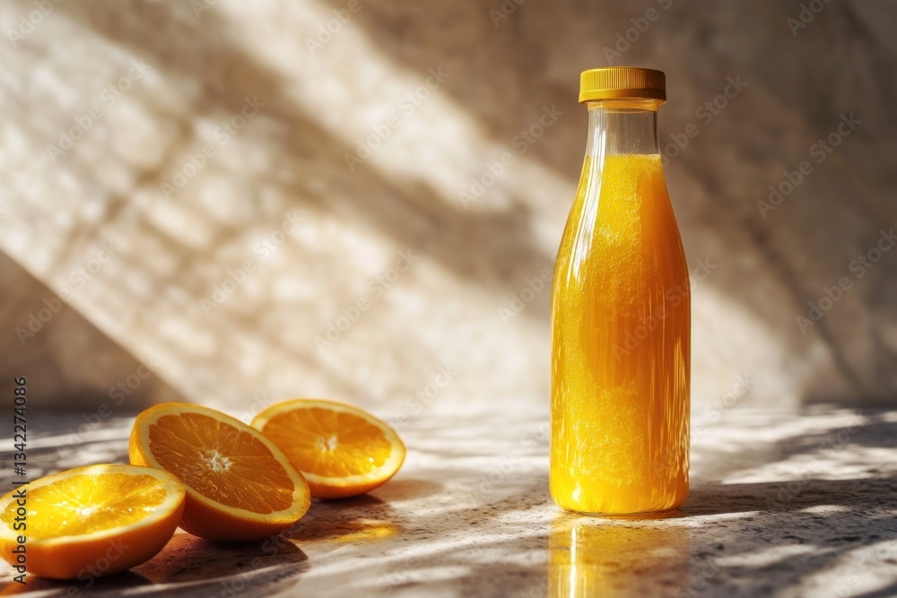 Refreshing Orange Juice in a Glass Bottle with Fresh Slices on a Marble Surface Refreshing Orange Juice in a Glass Bottle with Fresh Slices on a Marble Surface