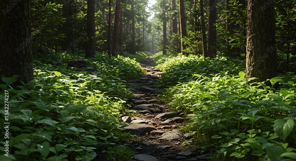 Fototapeta premium Hiking Path Through Lush Green Forest with Sunlight Breaking Through Trees