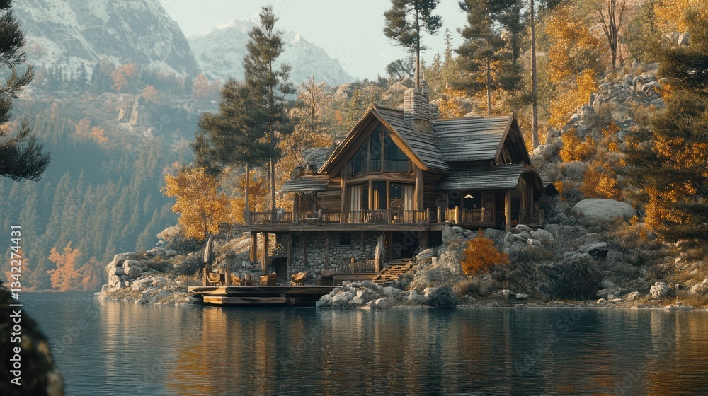 Fototapeta premium Lakeside log cabin, autumn mountains, tranquil lake, dock, vacation rental