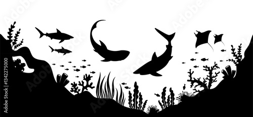 Underwater seascape. Sea fish, sharks, corals and algae. Ocean life, marine nature, flora and fauna. Black silhouette on white background. Isolated Vector