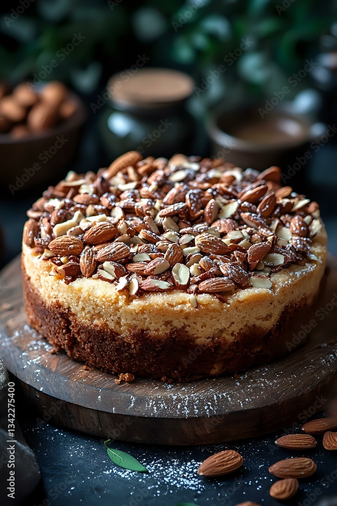 Homemade cheesecake topped with roasted almonds and mixed seeds on dark marble board, dusted with powdered sugar. Moody food photography style. Homemade cheesecake topped with roasted almonds and mixed seeds on dark marble board, dusted with powdered sugar. Moody food photography style.