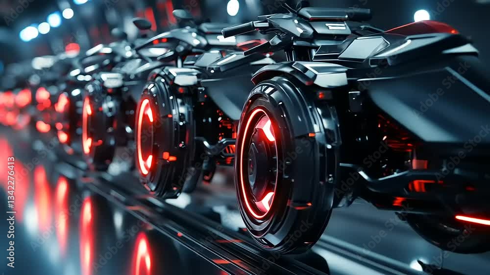 Futuristic motorcycles lined up in a sleek, illuminated garage with glowing wheels and high-tech design Futuristic motorcycles lined up in a sleek, illuminated garage with glowing wheels and high-tech design