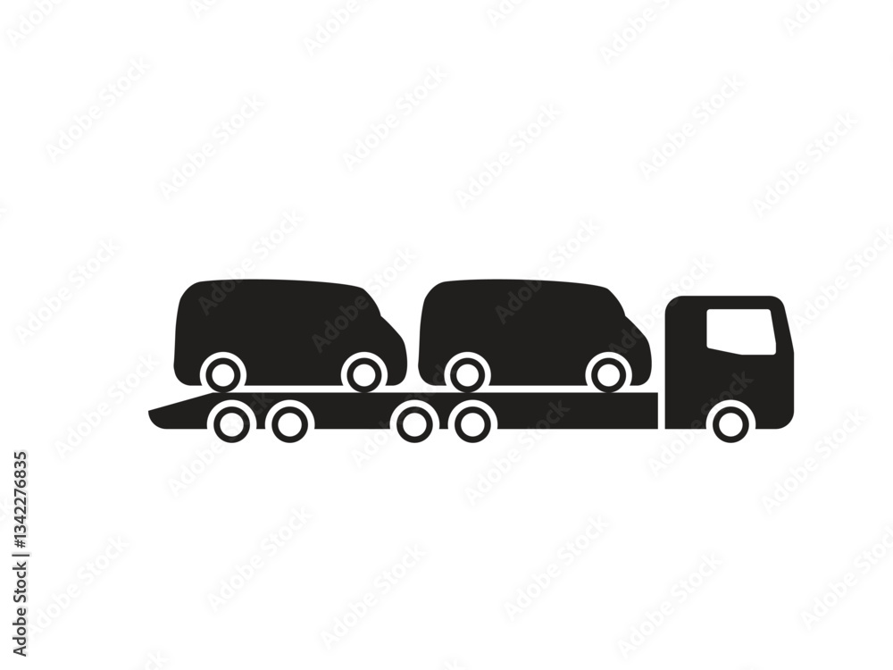 Black and white vector icon of a car transporter truck carrying two minibuses. Simple silhouette design representing vehicle logistics, road transport, delivery, and freight services Black and white vector icon of a car transporter truck carrying two minibuses. Simple silhouette design representing vehicle logistics, road transport, delivery, and freight services
