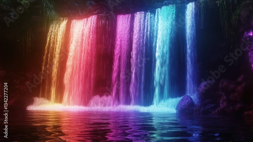Rainbow waterfall cave, night, vibrant, magical, water, reflection, fantasy, backdrop