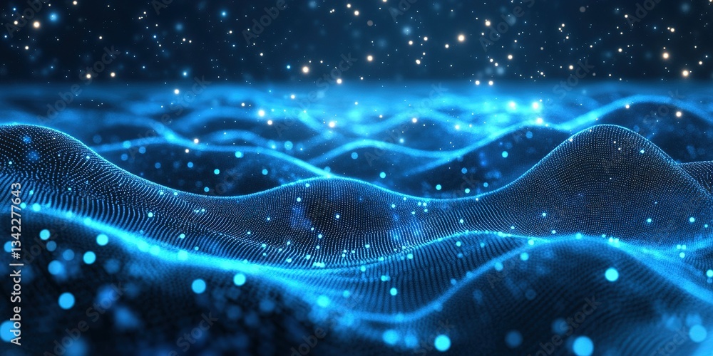 Digital waves illuminated by shimmering particles create a mesmerizing visual representation of data flow in a virtual environment Digital waves illuminated by shimmering particles create a mesmerizing visual representation of data flow in a virtual environment