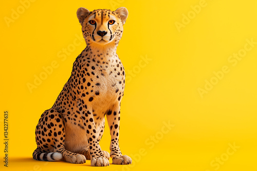 A cheetah, lovely cheetah, solid color background, realistic, full body, sitting posture ,unreal engine, cinematic lighting, super detail, The right side, Yellow background