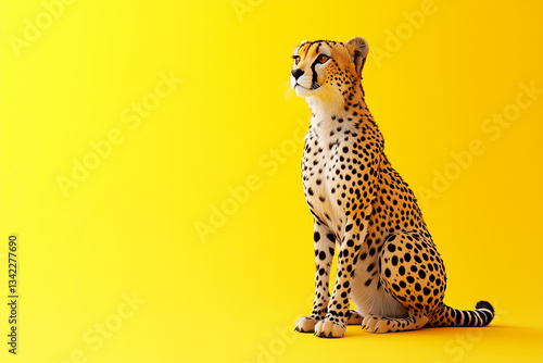 A cheetah, lovely cheetah, solid color background, realistic, full body, sitting posture ,unreal engine, cinematic lighting, super detail, The right side, Yellow background