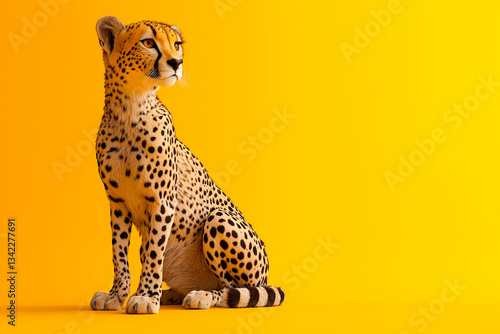A cheetah, lovely cheetah, solid color background, realistic, full body, sitting posture ,unreal engine, cinematic lighting, super detail, The right side, Yellow background