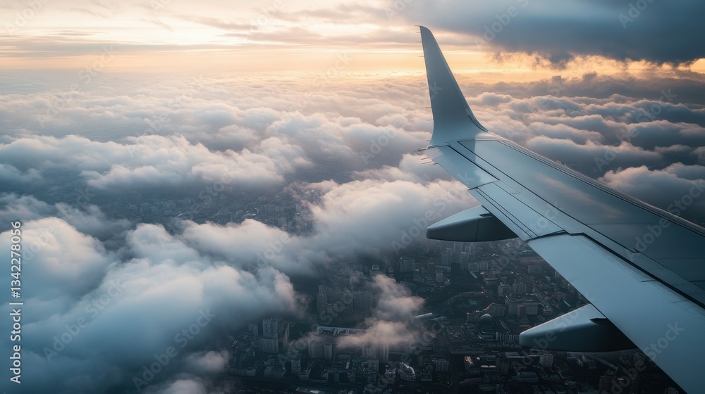Obraz premium Aerial view of a city from a plane through the clouds. Vertical format isolated with white shades