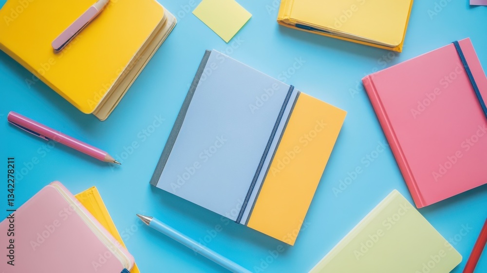 Aesthetic flat lay of pastelcolored notebooks, sketch pens, and sticky notes, perfect for backtoschool preparation pastel notebooks, backtoschool Aesthetic flat lay of pastelcolored notebooks, sketch pens, and sticky notes, perfect for backtoschool preparation pastel notebooks, backtoschool