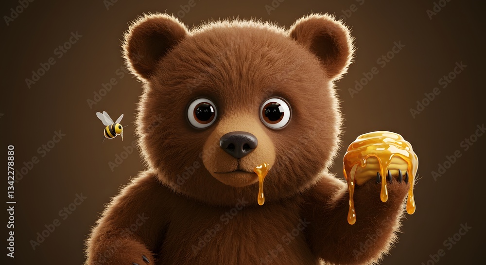 Cute Brown Bear Enjoying Honey with a Busy Bee in a Sweet Scene Cute Brown Bear Enjoying Honey with a Busy Bee in a Sweet Scene