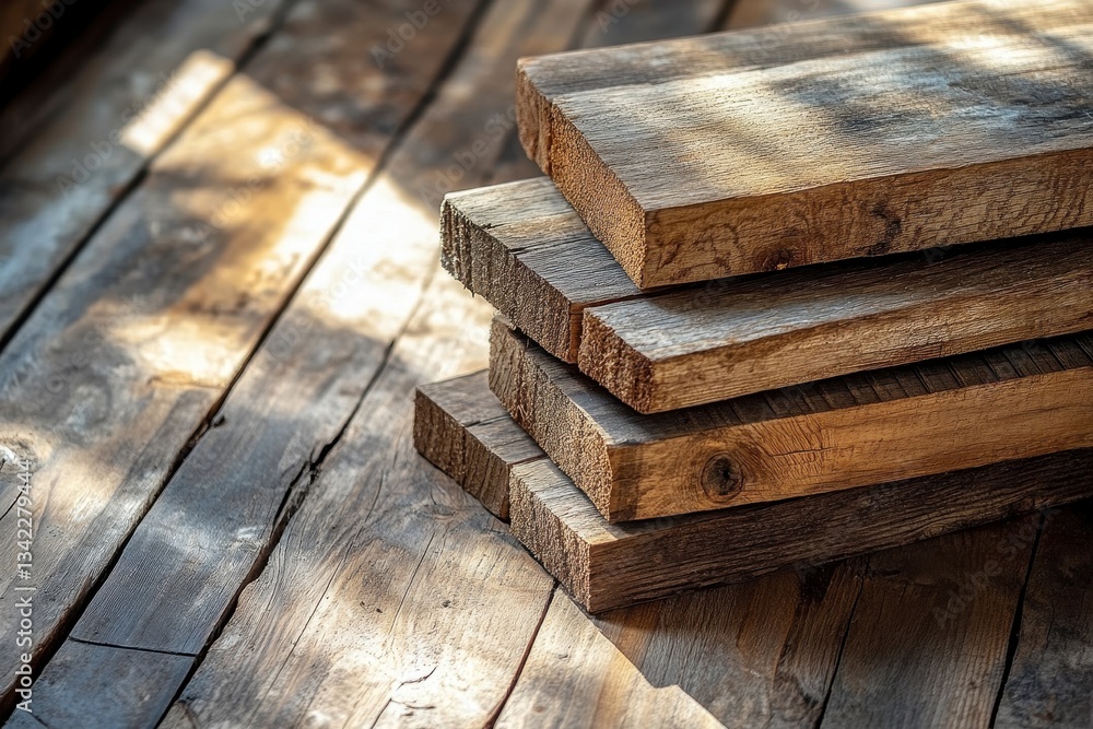 Stack of weathered wooden boards on a rustic, sunlit wooden surface. Perfect for backgrounds, DIY projects, or showcasing natural textures. Stack of weathered wooden boards on a rustic, sunlit wooden surface. Perfect for backgrounds, DIY projects, or showcasing natural textures.