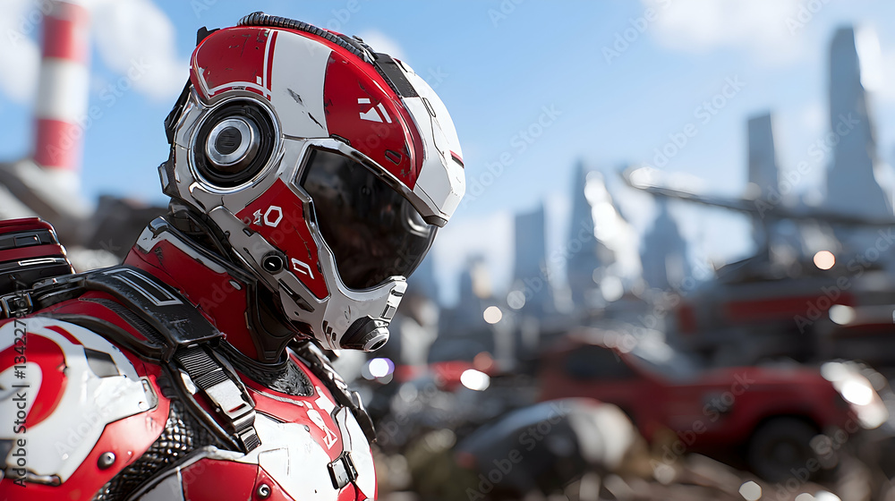 Fototapeta premium Post Apocalyptic Cityscape Survivor in Red and White Armor