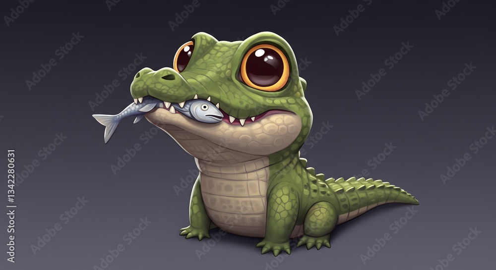 Obraz premium Cute Cartoon Alligator Eating Fish with Large Eyes on Dark Background