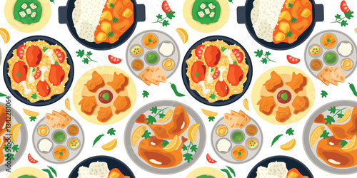 Indian dishes pattern. Biryani, Tandoori, Pakora. Thali, Curry, Palak Paneer soup. Fried chicken with rice. Food in plate. Seamless print for menu, cookbook, cuisine. Flat design. Vector illustration