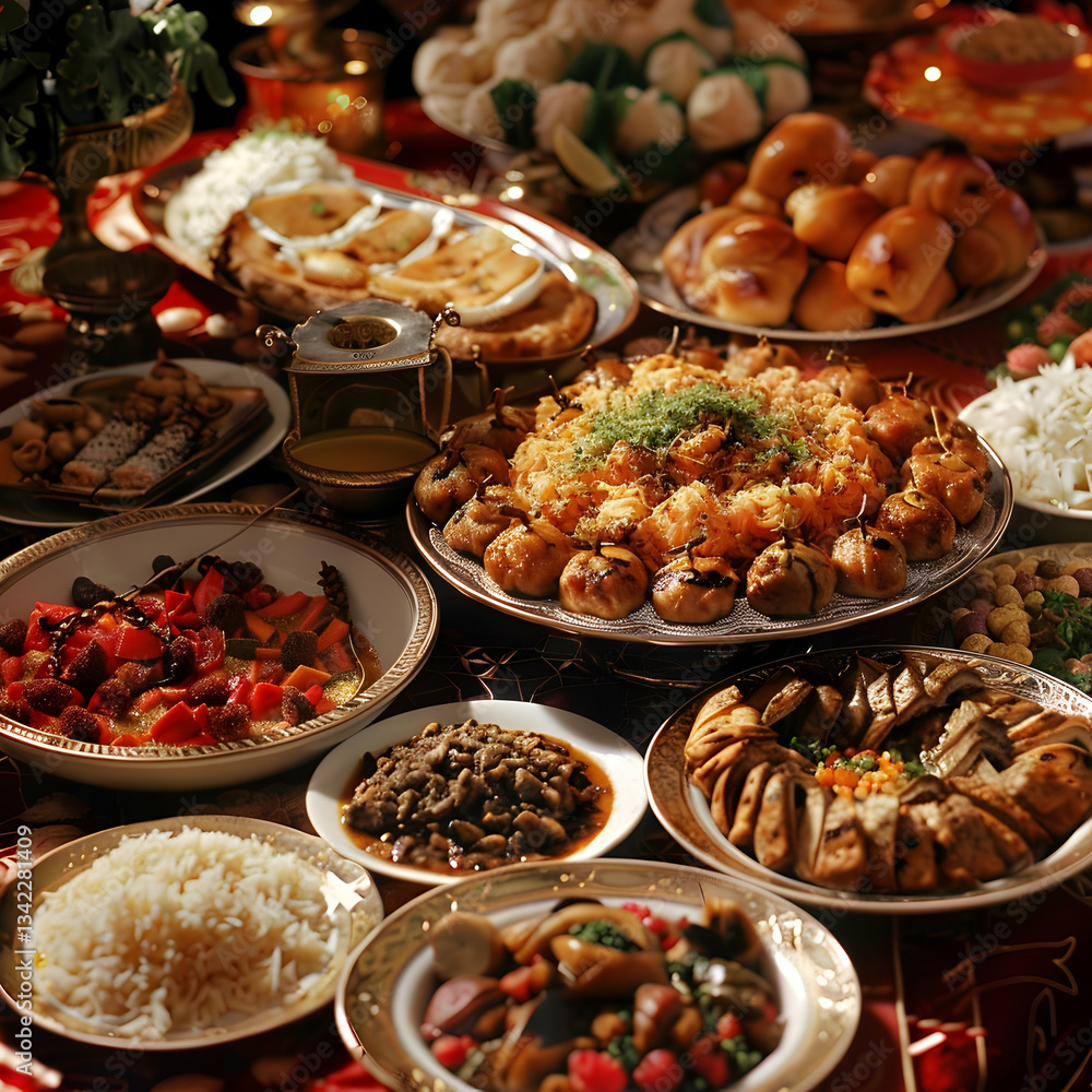 Obraz premium Holiday Street Food Market with Festive Lighting
