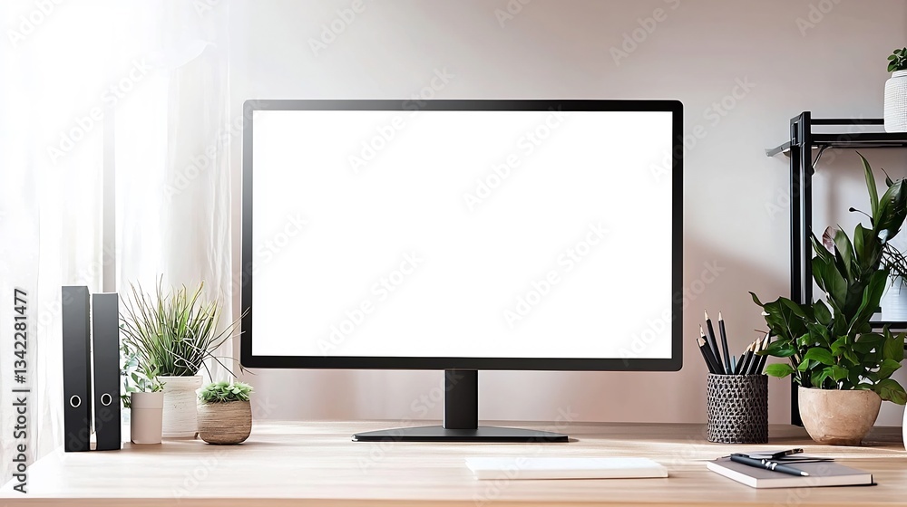 Desktop monitor screen mockup featuring blank display in a modern home office Desktop monitor screen mockup featuring blank display in a modern home office