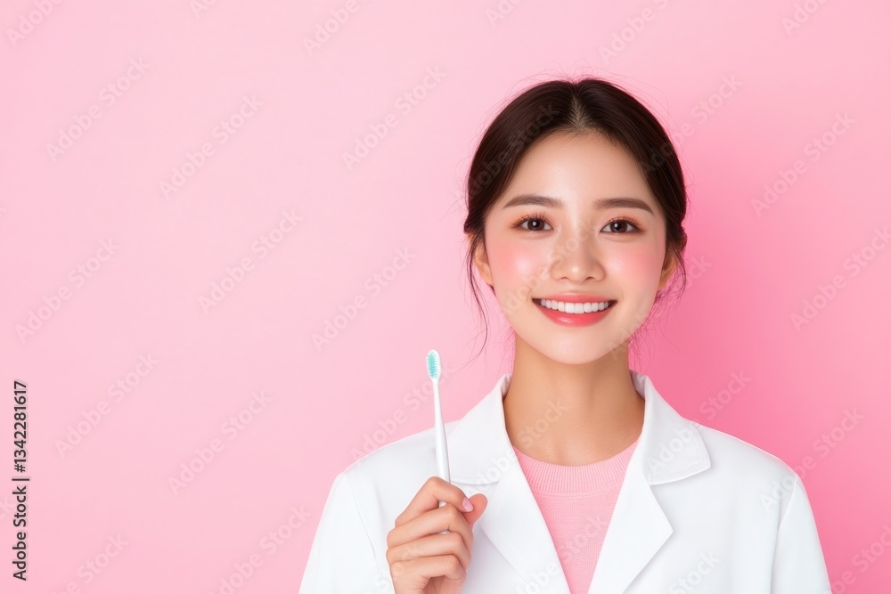 Bright smile and confident pose of young woman holding toothbrus Bright smile and confident pose of young woman holding toothbrus