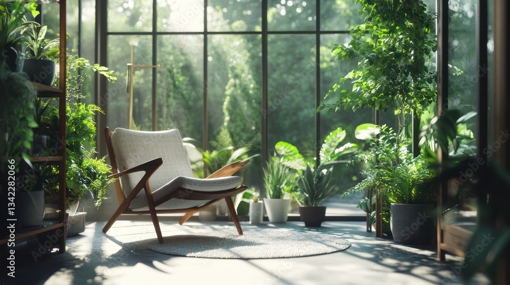 Fototapeta premium Sunlit conservatory chair, plants, calm