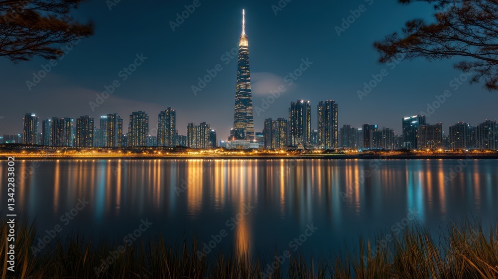 Fototapeta premium Night city skyline reflection (1)