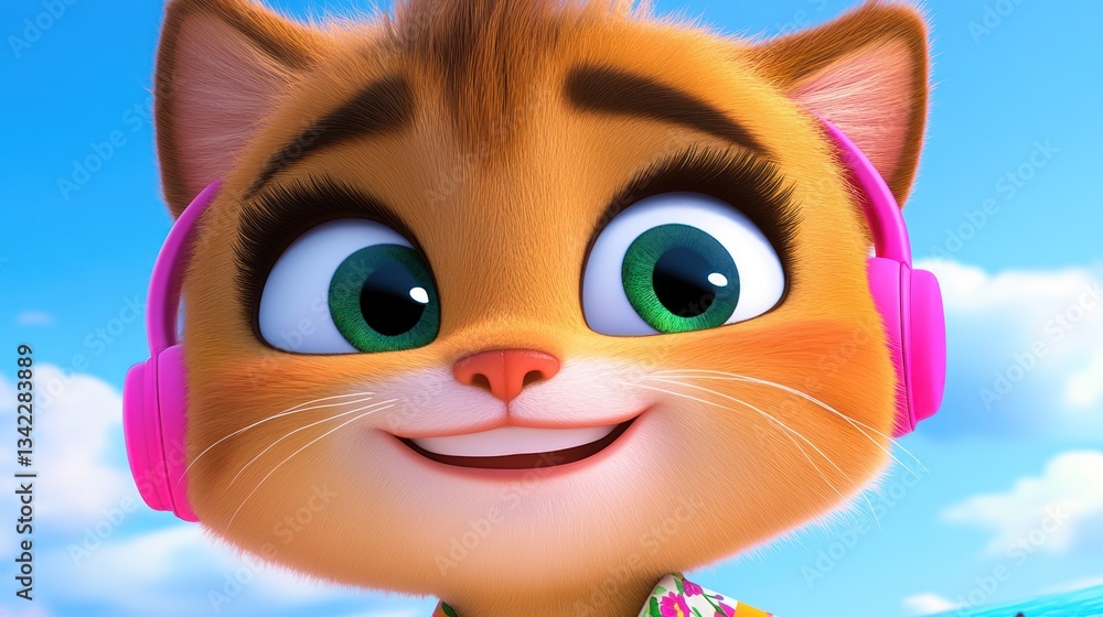 Fototapeta premium Animated cat wearing headphones, smiling, close-up view