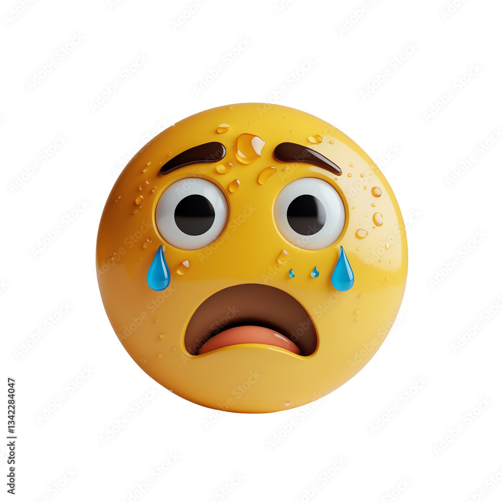 Fototapeta premium Anxious Emoji with Fearful Look and Teardrops Isolated on Transparent Background.