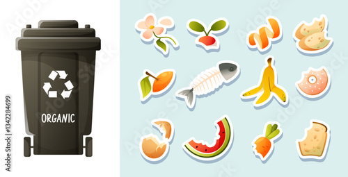 Set of organic garbage and trash can for waste sorting. Food waste stickers, waste sorting game for kids. Zero waste theme and modern environmental problem.