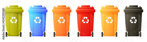 Set of trash bins of different colors for sorting different types of garbage. Multicolored trash bins with recycling icon. Containers for waste sorting. Vector illustration.