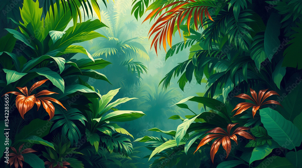 dense array of tropical foliage. The layout is a seamless pattern with overlapping leaves in various shapes and sizes, creating a lush and dynamic composition dense array of tropical foliage. The layout is a seamless pattern with overlapping leaves in various shapes and sizes, creating a lush and dynamic composition