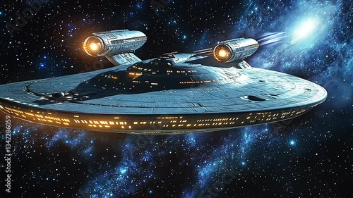 Futuristic spaceship gliding through a starry galaxy, showcasing advanced technology and exploration