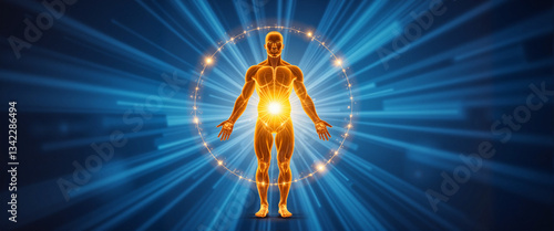 Human silhouette surrounded by golden energy shield, health protection