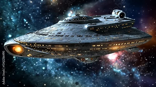 Futuristic spaceship navigating through a vibrant galaxy with swirling stars and cosmic clouds