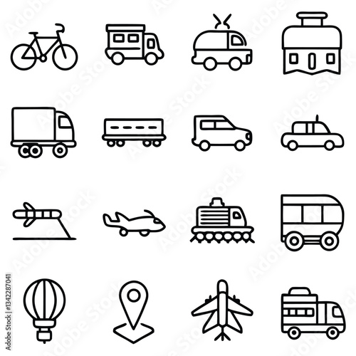 Diverse transportation icons depicting modern and classic travel