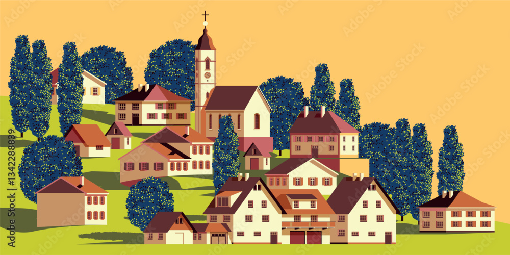 Fototapeta premium Rural landscape. Village with a church, rural houses, barns, granaries, peasant huts surrounded by trees. Handmade drawing vector illustration. Clip art.