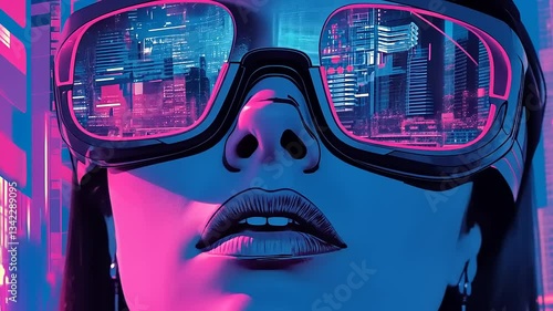 Futuristic woman wearing VR glasses, gazing at a vibrant cityscape with neon lights in the background